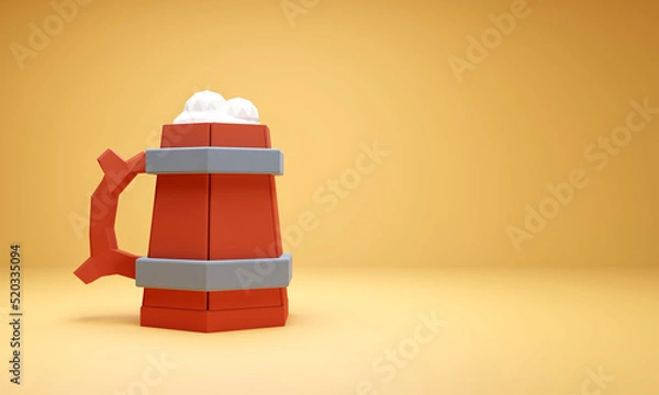 Fototapeta Wooden beer mug with beer on yellow background. Low poly 3d illustration.