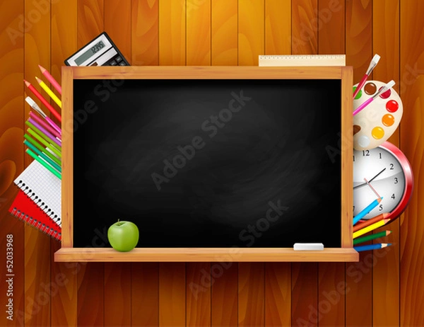 Fototapeta Blackboard with school supplies on wooden background. Vector