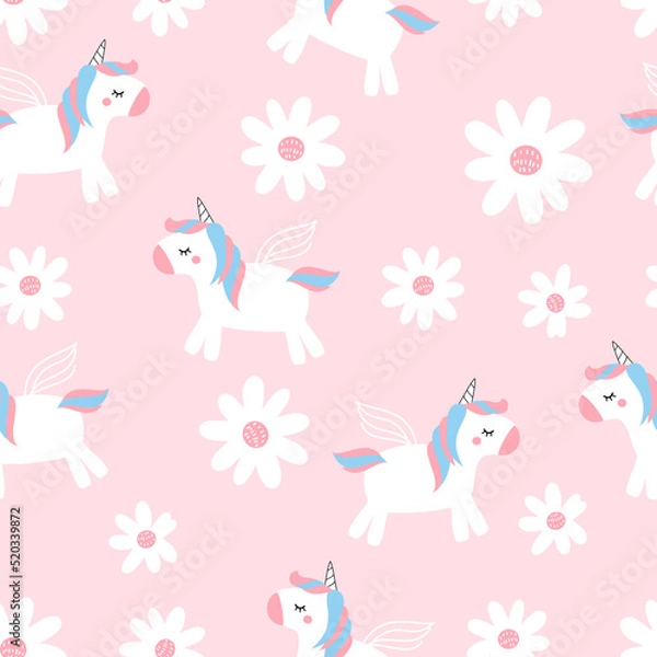 Obraz Seamless pattern with daisy flower and unicorn cartoons on pink background vector illustration.