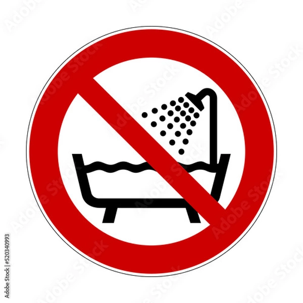 Fototapeta Do not use this unit in bath sign. Do not take bath symbol isolated on white background. Vector illustration of red crossed out circle prohibition sign with bathtub icon inside. No shower.