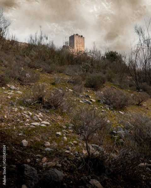 Fototapeta Landscape of the ruined castle of Otiñar in Jaen in the forest as a storm approaches.
