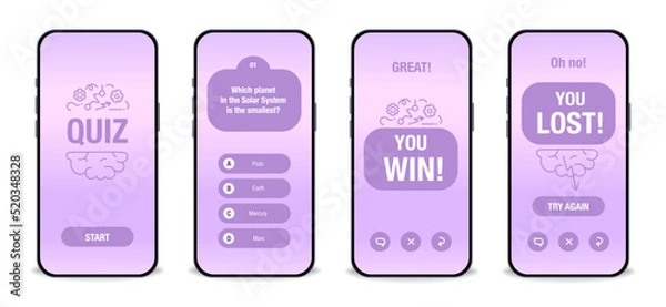 Obraz The template of the mobile application interface for the quiz on a purple background. Test, exam, questions and answers for a TV show. Vector illustration of EPS10
