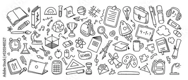 Obraz Back to school doodle a large set of elements. Vector illustration in line style.