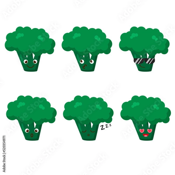 Fototapeta Set of broccoli emojis. Kawaii style icons, vegetable characters. Vector illustration in cartoon flat style. Set of funny smiles or emoticons. Good nutrition and vegan concept. illustration for kids. 