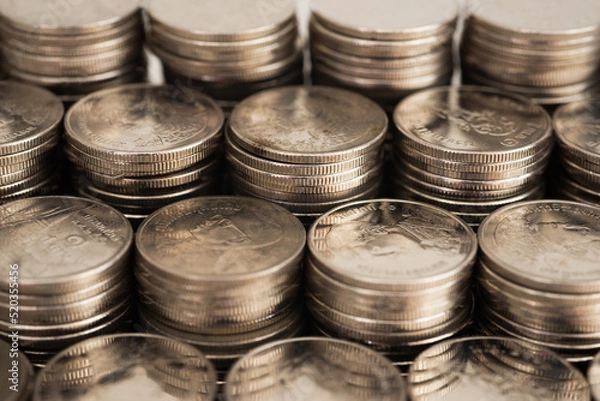 Obraz coin stack growth up isolated on white background. money saving, financial grow, business, economy budget and investment concept.