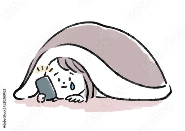 Fototapeta 布団に引きこもりスマホを見る女性　イラスト