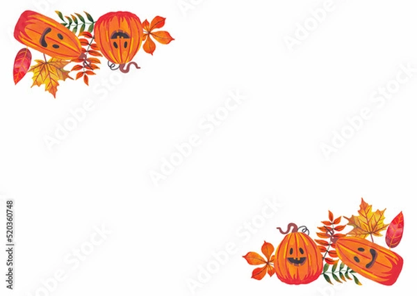 Fototapeta Autumn celebration background. Pumpkins and leaf's. Text place. Frame or border.