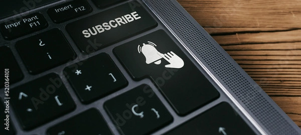 Fototapeta Banner of keyboard with subscribe button. Internet of things. Newsletter concept. Contact e-mail. Support service.
