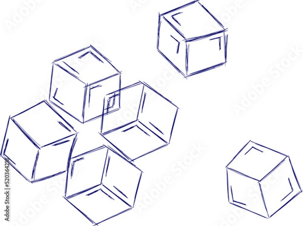 Fototapeta Hand drawn line ice cube, sugar, toys. Cold pieces, pieces of ice,  doodle sketches. The review is illustrated with cubes. Vector illustration with cubes.