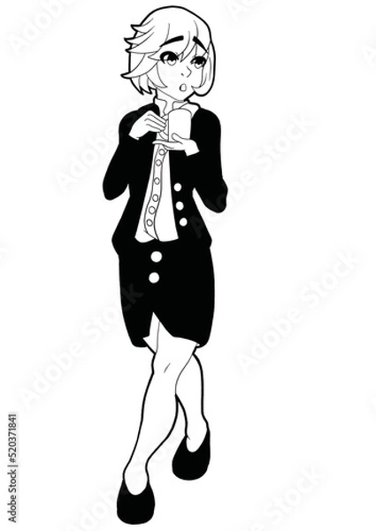 Fototapeta A cute girl office worker drawn in a cartoon anime and manga style stands and holds a mug in her hands, she is dressed in an office suit outline drawing coloring book with shadows