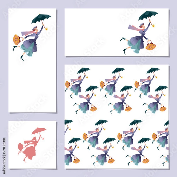 Fototapeta Set of 4 universal cards with а woman in a retro suit, with a large bag in her hand flying with an umbrella