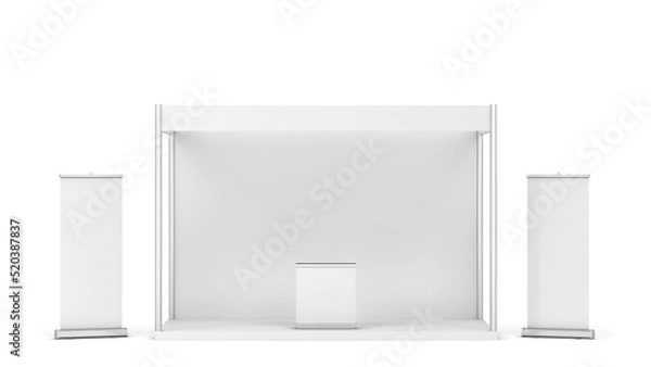 Fototapeta Blank tradeshow booth with counter and rollup banner