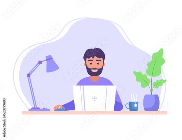 Fototapeta Man with laptop. Businessman working. Freelancer with laptop. Male charachter programming. Vector illustration