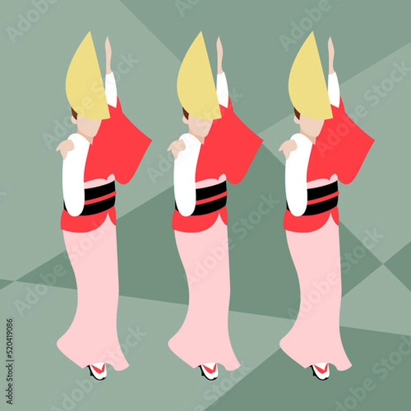 Obraz 阿波踊りを踊る赤い着物を着た女踊り / 集団