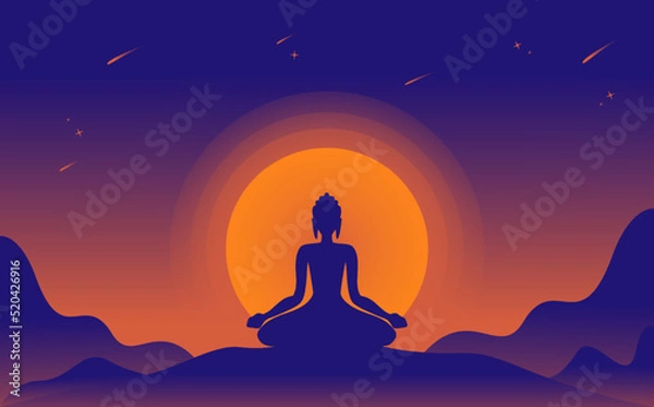Fototapeta Vesak Buddha illustration, Vesak Day celebration with moon circle background and mountains, buddha statue, Dharmavinaya, Buddha Dharma, Siddharta Gautama, meditation