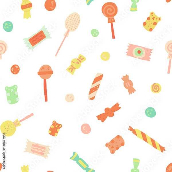 Fototapeta Sweets retro vector seamless pattern for , wallpapers, wrapping paper. Candy canes, lollipops, chocolate bars, bonbon