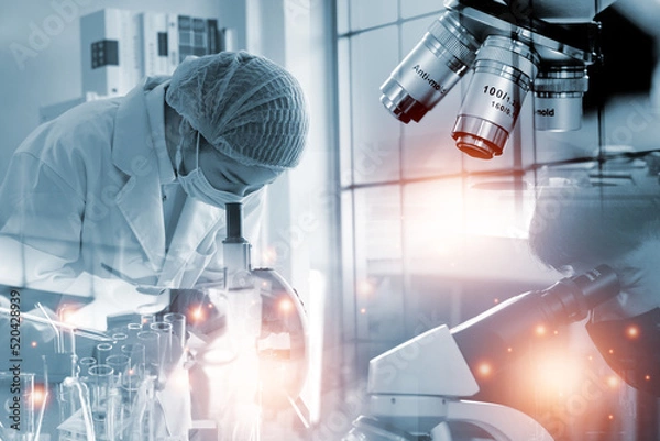 Obraz Double exposure microscope Young woman scientific using equipment in the laboratory for research.Biotechnology,development,chemical,study,vaccine,COVID-19. Photo concept experimentation and research.
