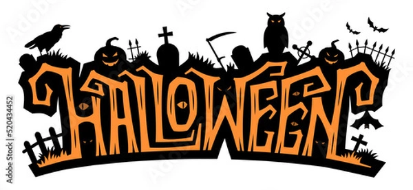 Fototapeta Vector illustration of creative Halloween inscription with images of jack o lantern tombstone, crow, bats and owl on white background