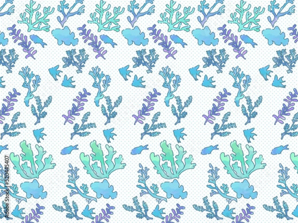 Obraz 手描きのシームレスパターン、海中イメージ、熱帯魚と海藻