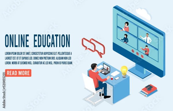 Fototapeta 3D isometric Online learning concept. Can use for web banner or infographics. Vector illustration eps10