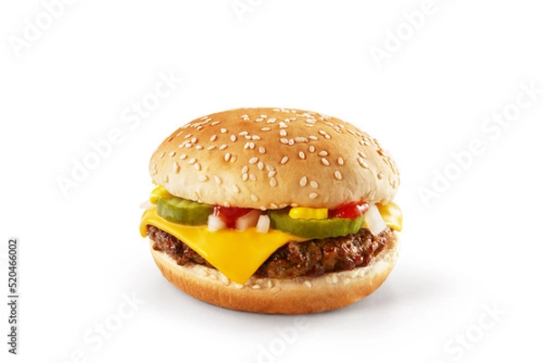Fototapeta Delicious Cheese Beef Burger consists of Bun Bread, Patty, Pickle, Onion, Mayonnaise, Ketchup and Red Cheddar Cheese in a white background