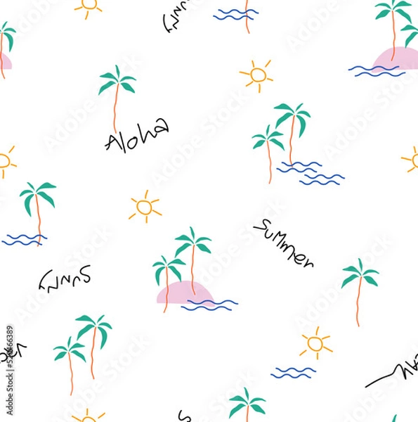 Obraz Doodle Palm Beach With Sun Vector illustration Seamless Pattern Print