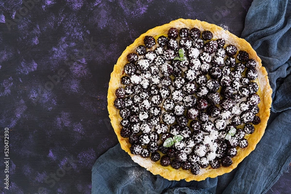 Obraz Delicious tart with blackberries on dark background. Top view