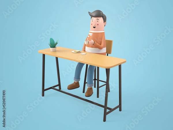 Fototapeta 3D illustration character young man sitting in coffee shop rendering