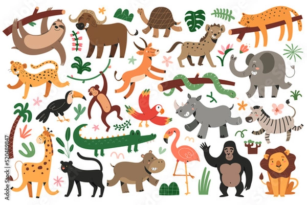 Fototapeta Jungle animals bungle, tropical felines set, dancing giraffe and zebra, sleeping jaguar, toucan and macaw parrot flying in rainforest, isolated vector illustrations, cute characters for children