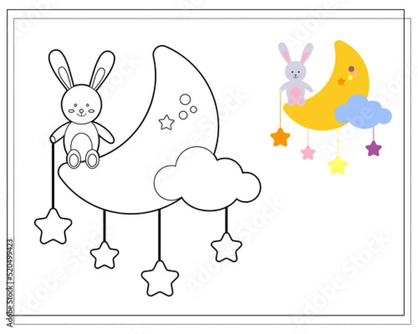 Fototapeta Coloring book for children. Draw a cute cartoon cute bunny sitting on the moon based on the drawing. Vector isolated on a white background.