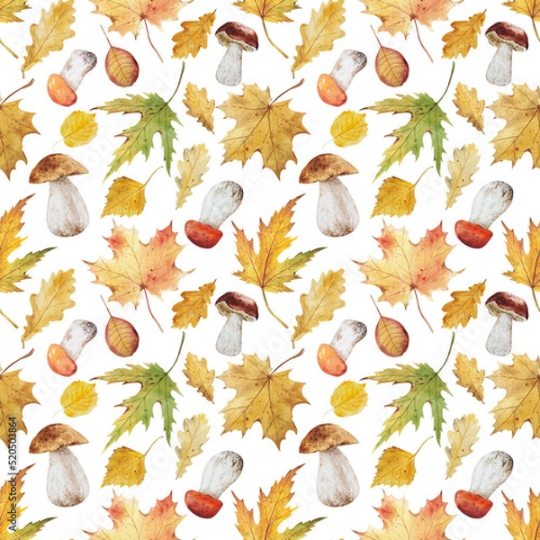 Fototapeta watercolor autumn forest seamless pattern. Hello fall. Yellow leaves and forest mushrooms