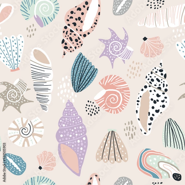 Fototapeta Seamless pattern with pastel hand drawn seashells. Creative marine texture. Great for fabric, textile Vector Illustration