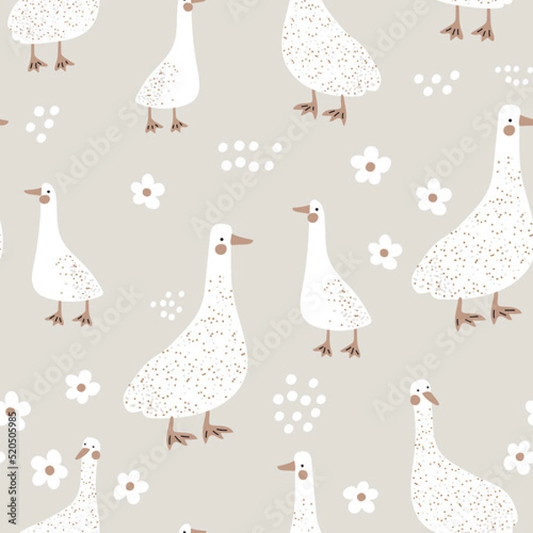 Fototapeta Seamless childish pattern with cute gooses on the meadow. Kids pastel texture with funny ducks. Vector illustration
