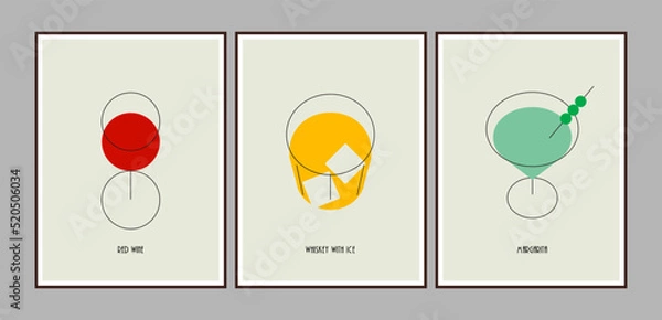 Obraz Set of minimalistic cocktail posters with  red wine and whiskey and margarita cocktail glasses isolated on light background for bar or pub or restaurant decoration or wall art print.