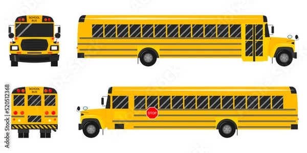 Fototapeta School bus front, rear, left and right views. Vector flat illustrations isolated on a white background.
