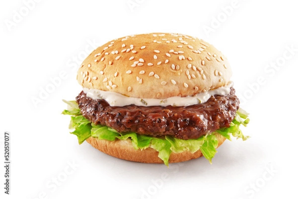 Fototapeta Delicious Beef Burger consists of Bun Bread, Patty, Pickle, Onion, Mayonnaise in white background

