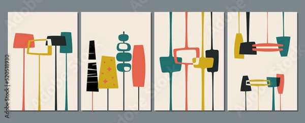Fototapeta Mid Century Modern Vintage Style Patterns Set. 1950s-1960s Googie Retro Lamps Backgrounds