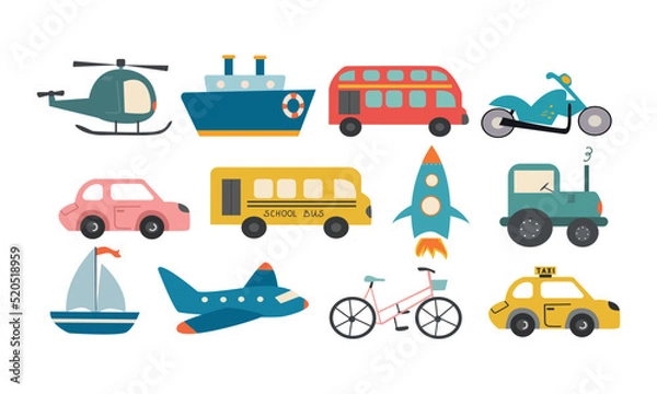 Fototapeta Cute cartoon style transportation set. Vector illustrations.