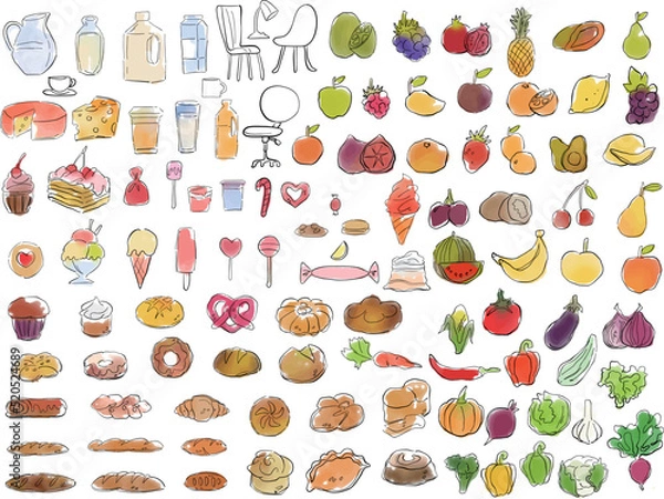 Obraz 食べ物 イラスト セット 水彩 手書き