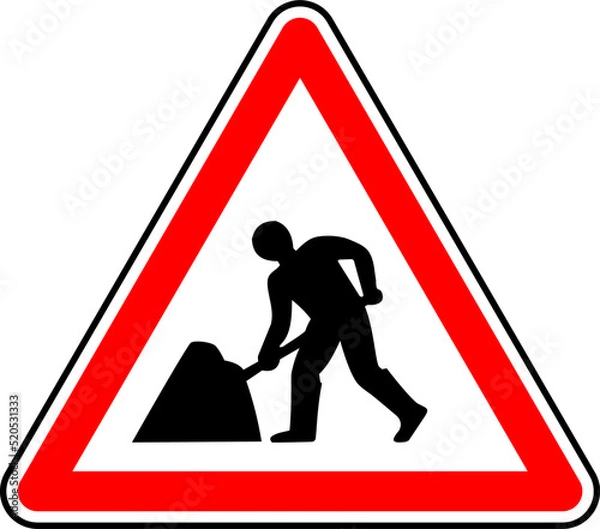 Fototapeta Vector graphic of a uk road works ahead road sign. It consists of a man digging symbol contained within a red triangle