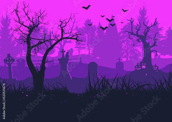 Obraz Old cemetery in bright pink violet colours halloween background. Scary trees, bats, tombstones and crow	