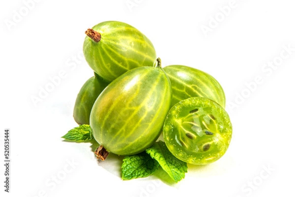 Fototapeta Gooseberry with leaf isolated on white.