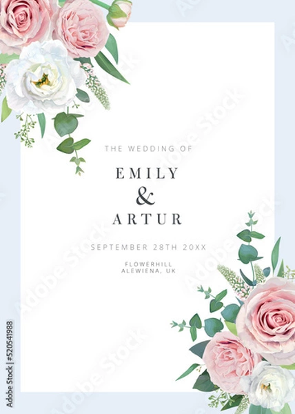 Fototapeta Elegant, floral, vector wedding invite, card template. Garden blush pink roses, white veronica flowers, green seeded eucalyptus branches, greenery leaves bouquet frame, border. Watercolor illustration