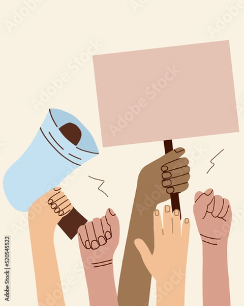 Fototapeta A crowd of people of different nationalities and at a protest. Hands holding empty templates of banners and a mouthpiece. Street demonstration and standing up for their rights. flat vector