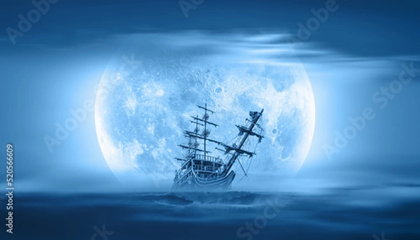 Fototapeta Sailing old ship in storm sea at sunset - Night sky with moon in the clouds "Elements of this image furnished by NASA