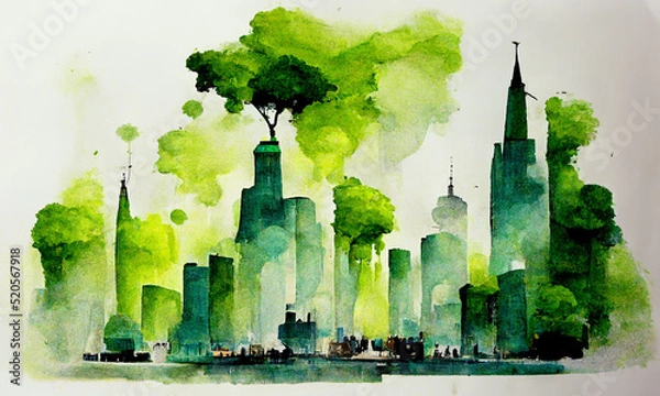 Obraz green city concept, watercolour illustration, digital art