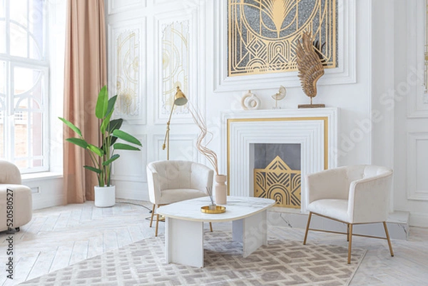 Obraz snow-white luxury apartment interior with Egyptian-style decor with light stylish furniture. huge panoramic windows and an archway. minimalism and simplicity with the elegance of modern housing design