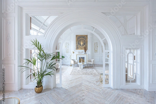 Obraz snow-white luxury apartment interior with Egyptian-style decor with light stylish furniture. huge panoramic windows and an archway. minimalism and simplicity with the elegance of modern housing design