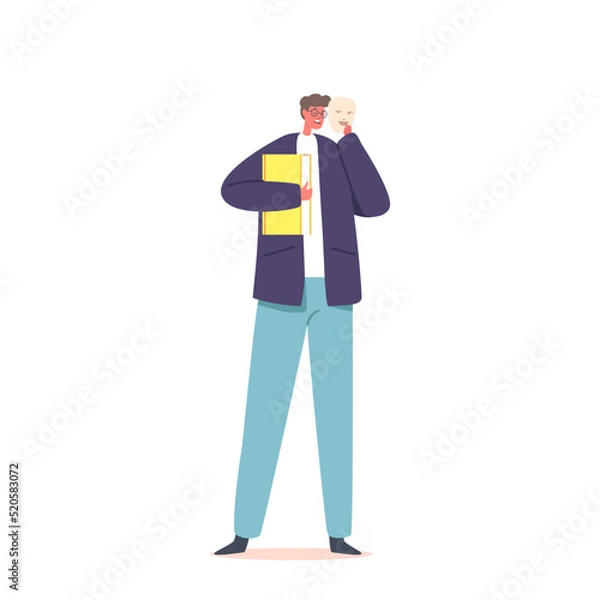 Fototapeta Depressed Anonymous Man, Unhappy Businessman hide Face under Happy Smiling Mask. Male Character with Imposter Syndrome