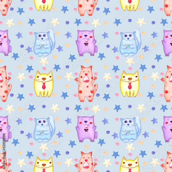Fototapeta Handdrawn watercolor seamless pattern with cats for children's textile. Scrapbook design, typography poster, label, banner, post card.